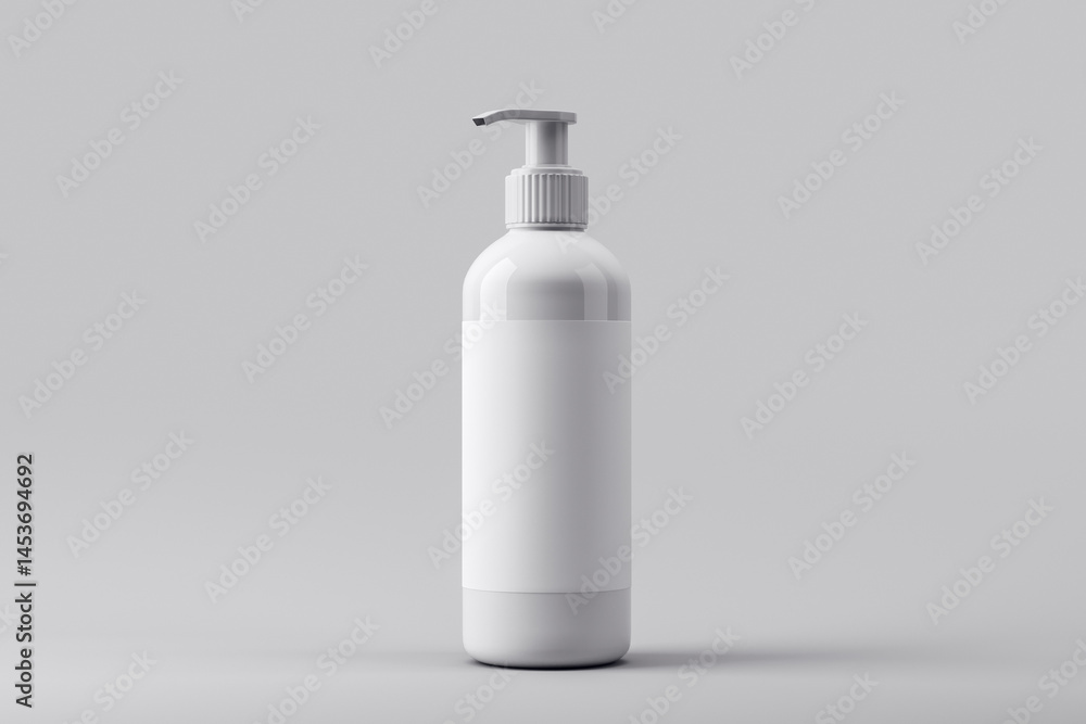 Blank white pump bottle mockup with empty label for branding and product presentation on clean grey background. 3D Rendering Blank white pump bottle mockup with empty label for branding and product presentation on clean grey background. 3D Rendering
