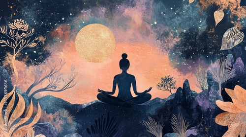 Serene Meditation: Silhouette of a Woman Meditating Under a Golden Moonlit Sky