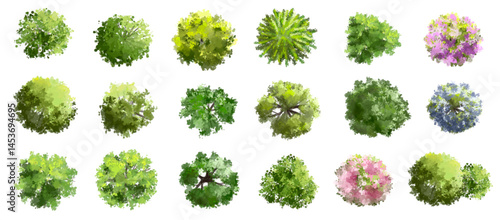 Vertor set of green tree,plants top view for landscape plan,schematic layout,eco environment concept design,watercolor greenery illustration,spring flower plan