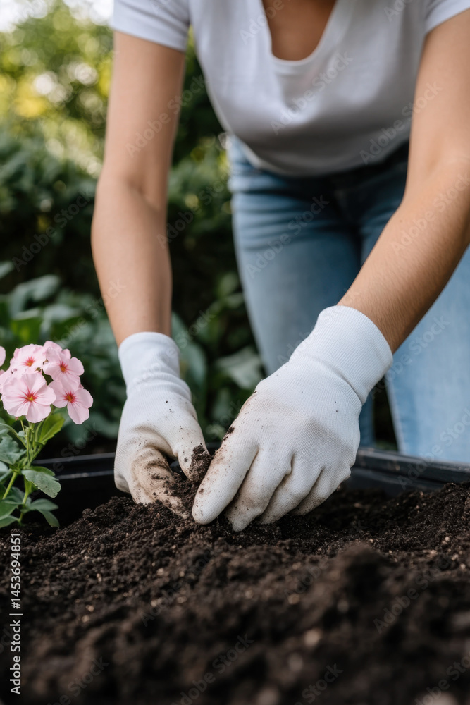 Gardener planting flowers in fertile soil using gloves Gardener planting flowers in fertile soil using gloves