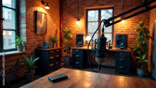 Industrial podcast studio, exposed brick walls, microphone setup, isolation, studio, workspace