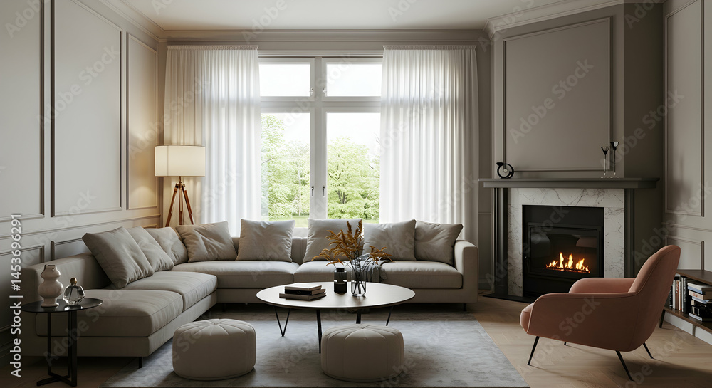 Fototapeta premium Modern Living Room Interior with Cozy Atmosphere and Natural Light