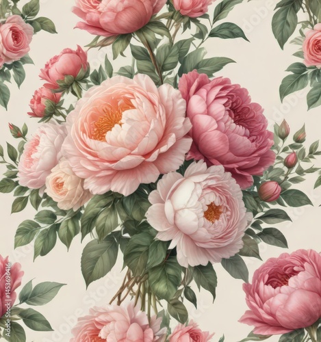 Vintage-inspired watercolor rose & peony bouquet , petals, rose garden