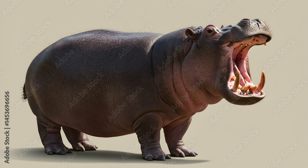 Fototapeta premium Hippo in Strong Pose with Mouth Open Showcasing Powerful Teeth