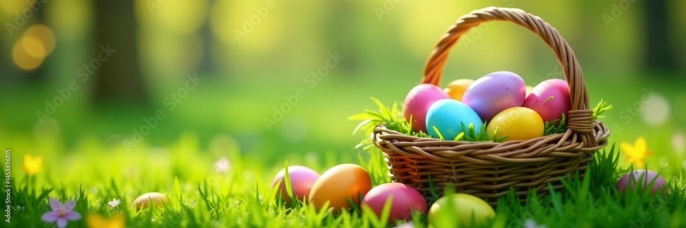 Vibrant painted eggs overflowing a woven basket nestled in spring grass , spring, Easter, decoration Vibrant painted eggs overflowing a woven basket nestled in spring grass , spring, Easter, decoration