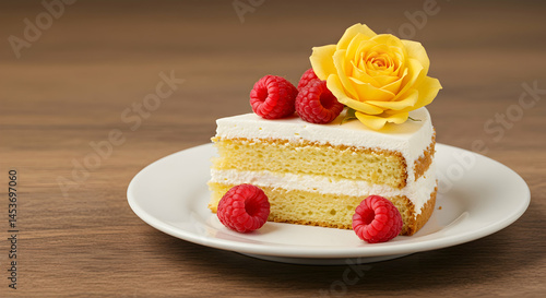 Freshly Baked Cake Slice with Raspberries and Yellow Rose Decoration
