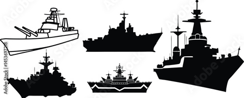ship silhouette collection, military ship black silhouette vector design.