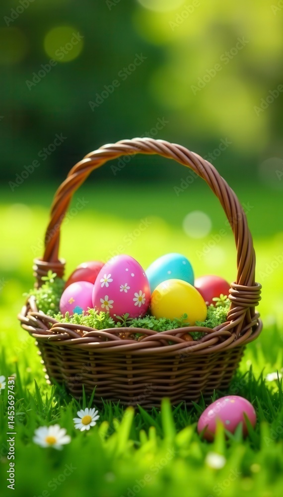Colorful Easter baskets overflowing with painted eggs on lush green lawn , green, colorful Colorful Easter baskets overflowing with painted eggs on lush green lawn , green, colorful