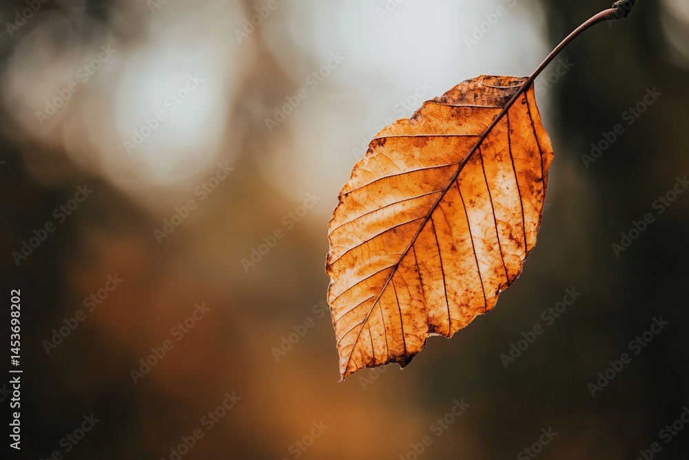 Close-up of a single autumn leaf hanging from a branch in a blurred forest background Close-up of a single autumn leaf hanging from a branch in a blurred forest background