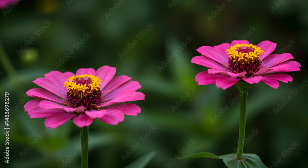 Obraz premium Vibrant Pink Flowers with Yellow Centers in Natural Green Background