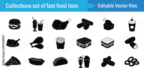 Fast Food Icon Set – Editable Vector Illustrations of Burgers, Fries, Chicken, Drinks, Pizza & Snacks.