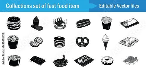 Fast Food Vector Icon Set – Editable Illustrations of Burgers, Wraps, Fries, Desserts, Sushi & Snacks .