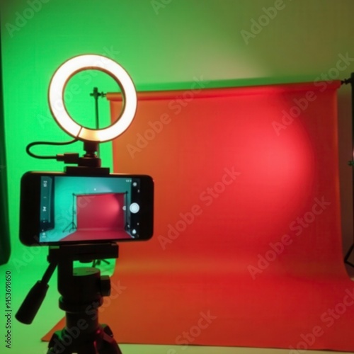 Professional smartphone setup with ring light and backdrop for video recording , facebook, advertising, podcast