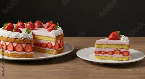 Delicious Strawberry Cream Cake with Sliced Piece on White Plate