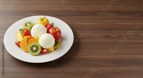 Fresh Fruit Salad with Ice Cream Scoops on Wooden Table Surface