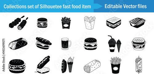 Silhouette Fast Food Vector Icon Set – Burger, Fries, Wrap, Hotdog, Ice Cream, Soda & Snacks | Black & White Editable Clipart for Branding & Design.