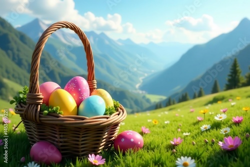 Vibrant Easter eggs in woven basket, wildflowers, mountain vista, beautiful, background