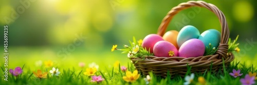 Vibrant painted eggs overflowing a woven basket nestled in spring grass , Easter, spring