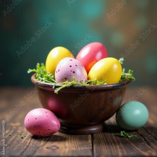 Vibrant Easter eggs nestled in rustic bowl & cup , cardboard cup, blue background, easter basket