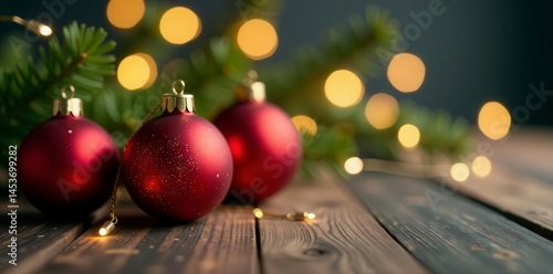 Wooden board, Christmas baubles, blurred lights Ideal for holiday designs , decoration, holiday, sphere
