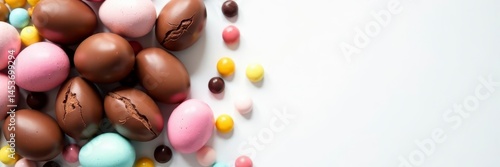 A cluster of milk chocolate Easter eggs and assorted candies on a pristine white background , easter bunny, shiny