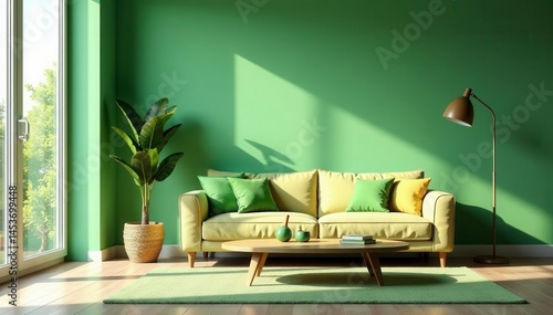 Bright living room, comfy sofa, green accents, rug, home interior