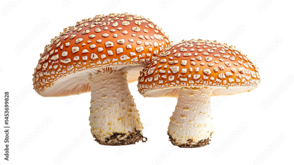 Obraz premium Amanita Muscaria mushroom pair, orange color, with white warts, cut out transparent