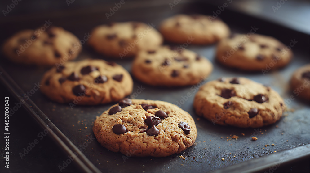 Freshly baked chocolate chip cookies on baking tray in warm golden light in kitchen scene photo Freshly baked chocolate chip cookies on baking tray in warm golden light in kitchen scene photo