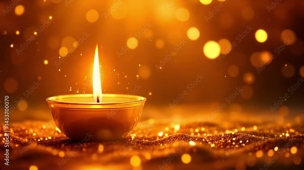 Warm and inviting candlelight, perfect for Diwali celebrations A single, warm candle flame illuminates a small, golden bowl, creating a serene and festive atmosphere. Warm and inviting candlelight, perfect for Diwali celebrations A single, warm candle flame illuminates a small, golden bowl, creating a serene and festive atmosphere.