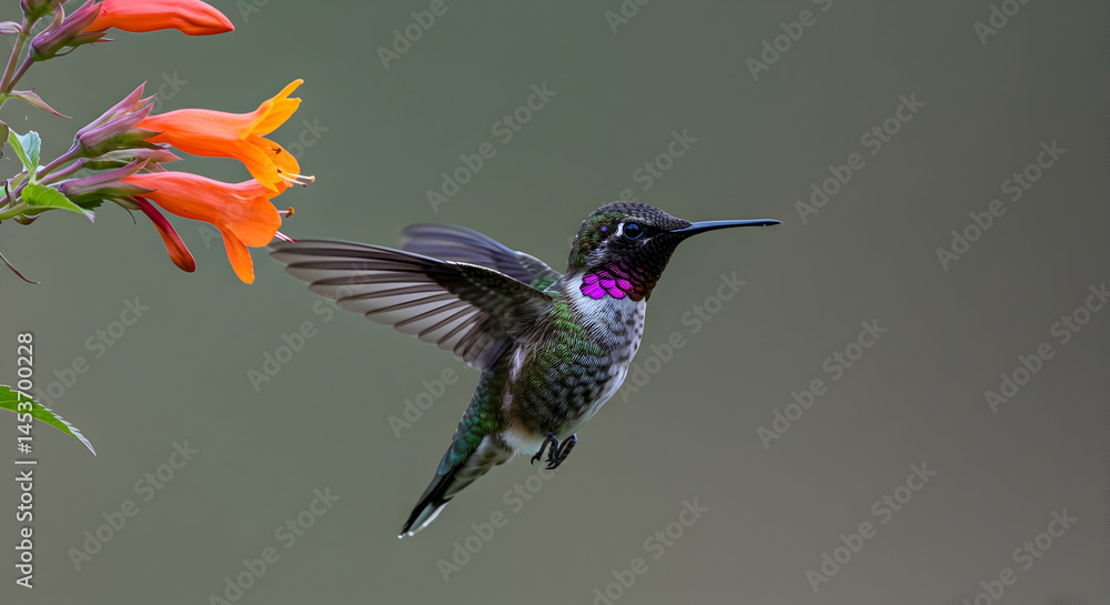 Fototapeta premium Vibrant Hummingbird Approaching Bright Orange Flower in Nature