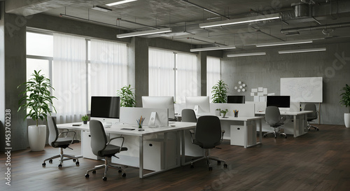 Modern Minimalist Office Space with Desks and Green Plants