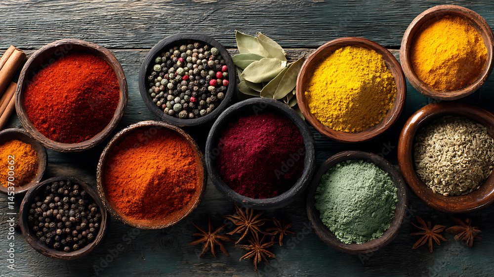 Assorted spices in wooden bowls on rustic table showcasing rich colors and variety of textures Assorted spices in wooden bowls on rustic table showcasing rich colors and variety of textures