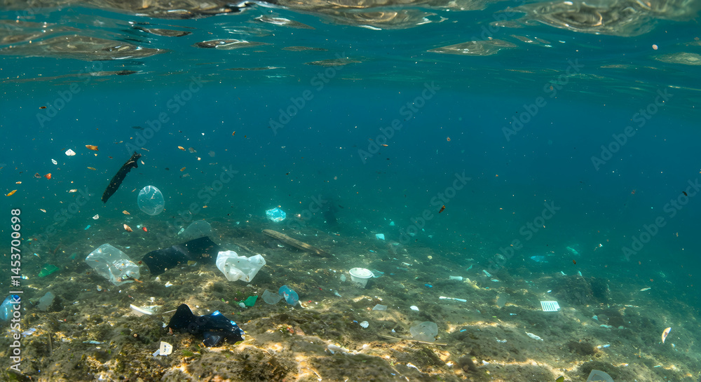 Obraz premium Underwater View of Pollution and Plastic Waste in Ocean Environment