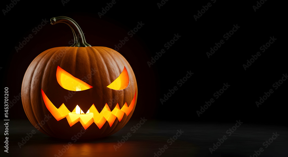 Spooky Halloween Pumpkin with Grinning Face and Glowing Light Spooky Halloween Pumpkin with Grinning Face and Glowing Light