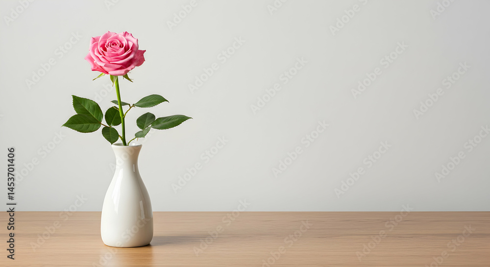 Single Pink Rose in White Vase on Wooden Table with Neutral Background Single Pink Rose in White Vase on Wooden Table with Neutral Background