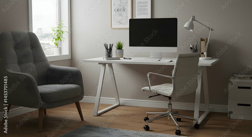 Fototapeta premium Modern Minimalist Home Office Design with Elegant Furniture