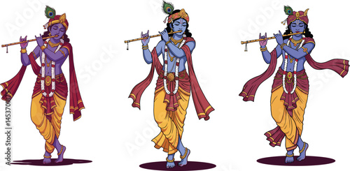 Lord Krishna Playing Flute Digital Illustration, Hindu God Krishna Vector Art, Cartoon Krishna with Peacock Feather and Garland, Indian Mythology Artwork.

