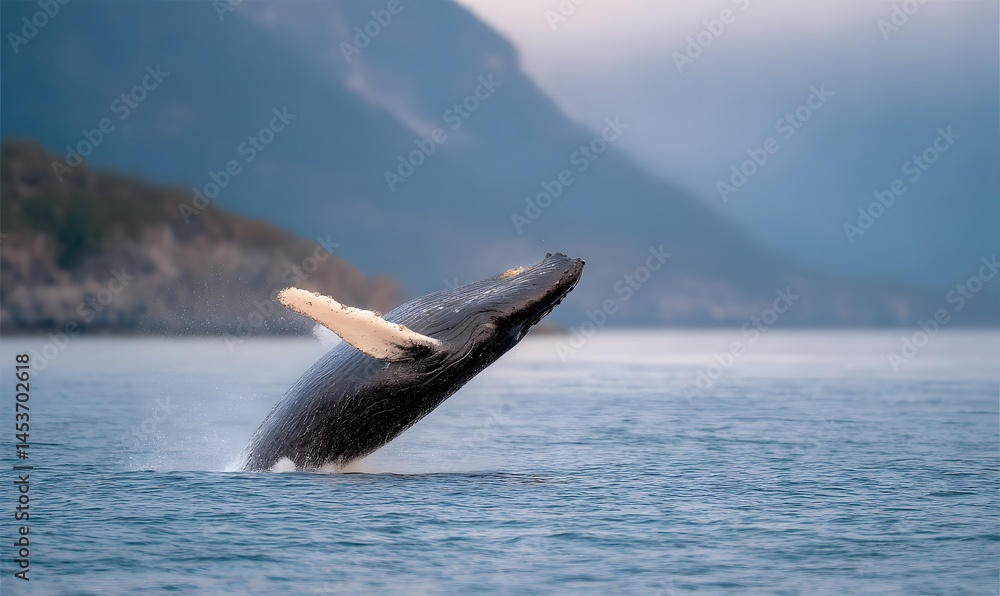 Fototapeta premium Humpback whale emerging from the ocean spray, Generative AI