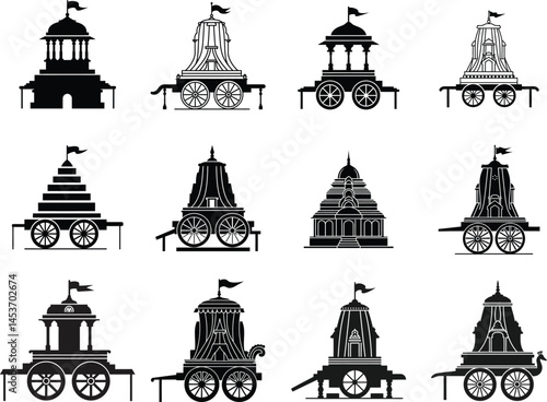Hindu Rath Yatra Chariot Silhouette Collection, Jagannath Puri Temple Vector Art, Indian Festival Procession Illustration, Religious Parade Clipart Design .


