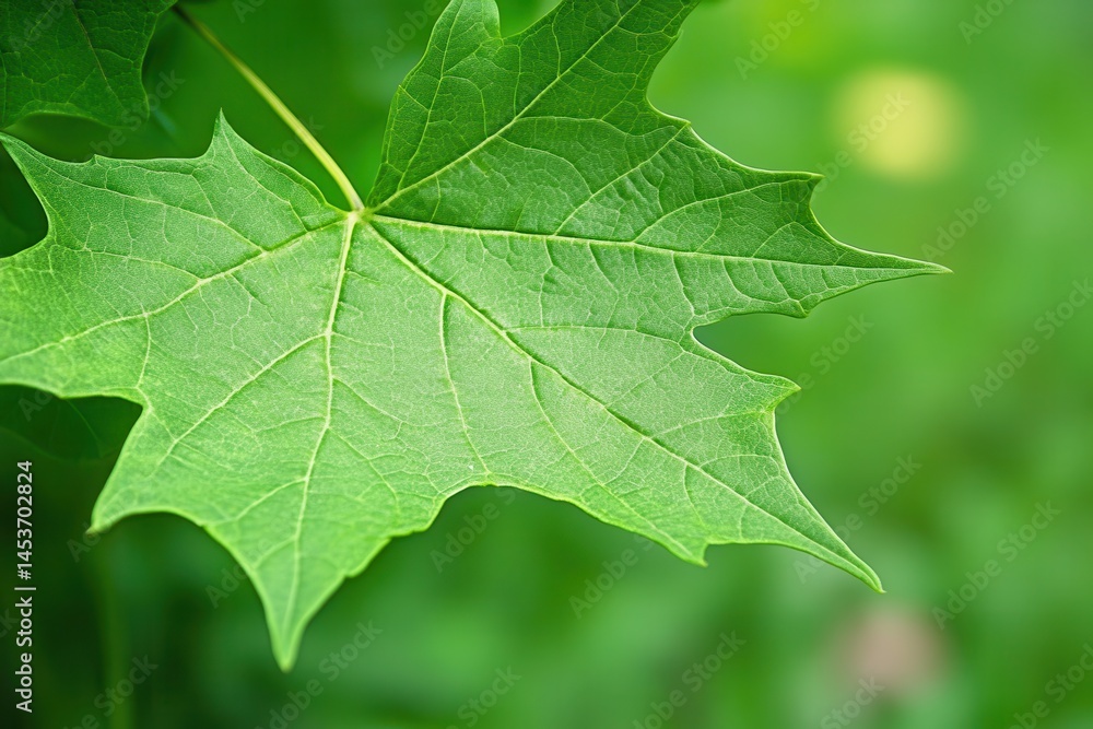 Close-up of a vibrant green maple leaf against a blurred natural background Close-up of a vibrant green maple leaf against a blurred natural background