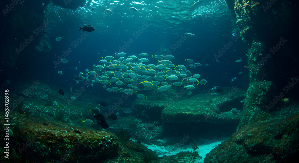 Fototapeta premium Underwater Scene with School of Fish in Ocean Environment