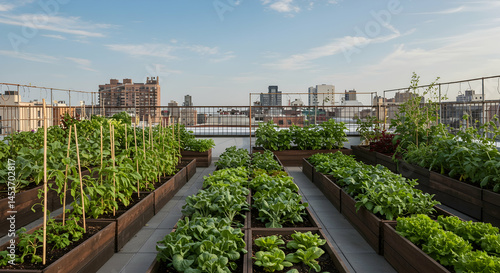 Rooftop Garden with Lush Green Vegetables Against Urban Skyline