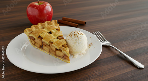 Delicious Apple Pie Slice with Ice Cream on a Wooden Table