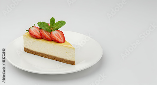 Delicious cheesecake slice topped with fresh strawberries and mint