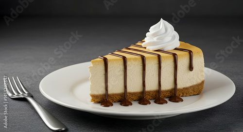 Creamy Cheesecake Slice with Chocolate Drizzle and Whipped Cream