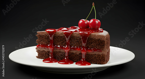 Delicious Chocolate Cake Slice with Cherry and Sauce Decoration