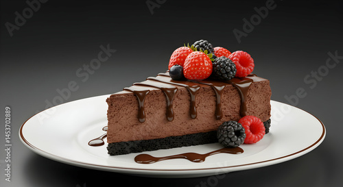 Decadent chocolate mousse cake with fresh berries on a plate