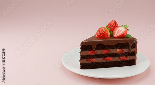 Delicious Chocolate Cake Slice with Fresh Strawberries on Plate