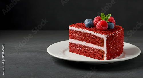 Delicious Red Velvet Cake Slice with Berries and Mint on Plate