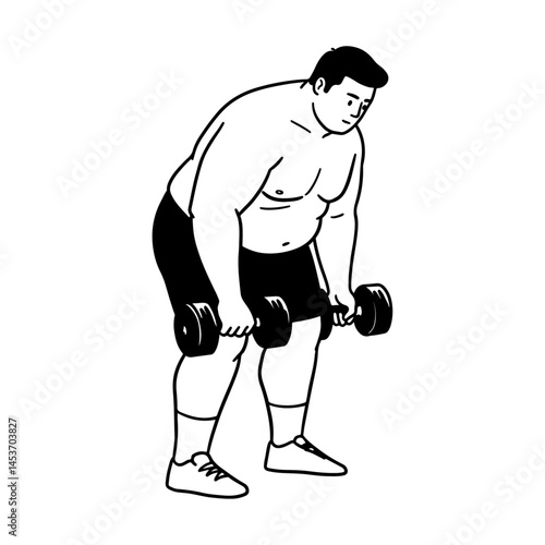 Minimal line art of curvy plus size man stretching during workout promoting body positivity flexibility and a healthy self care routine


